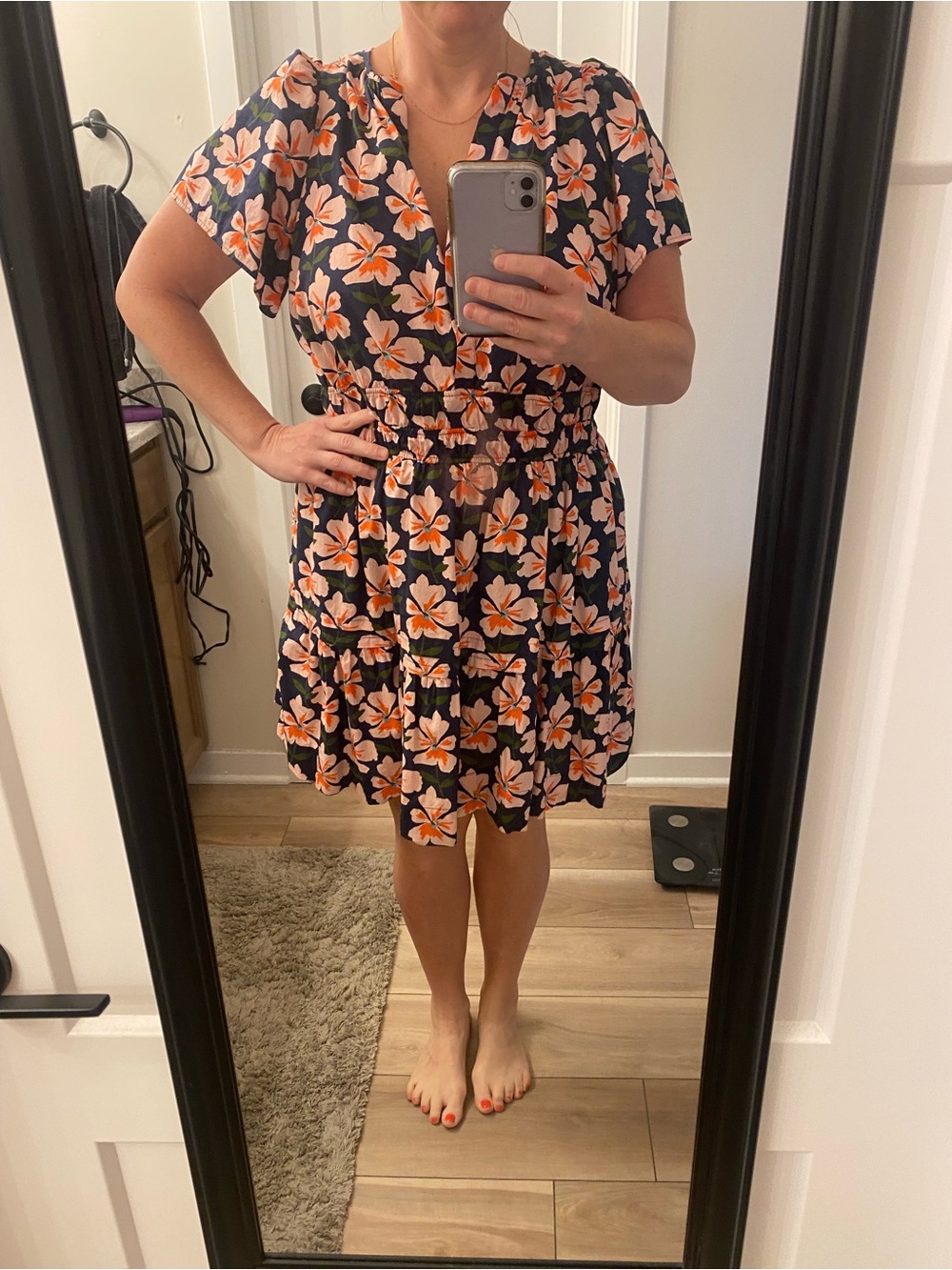 Anthropologie Navy Mini Dress with Coral Floral Print